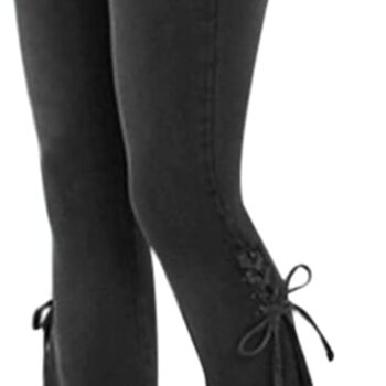 Women's Lace-up Bell Bottom Denim Pants Mid Waist Stretchy Flare Juniors Jeans Trouser Leggings