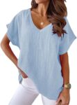 Womens Short Sleeve Cotton Linen Shirts Causal V-Neck Batwing Oversized T-Shirt Loose Summer Tops