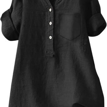 Women's Linen Button Down Shirts Short Sleeve V Neck Tshirts Light Weight Plain Blouses Casual Loose Fit Tunic Tops