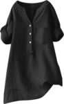 Women's Linen Button Down Shirts Short Sleeve V Neck Tshirts Light Weight Plain Blouses Casual Loose Fit Tunic Tops