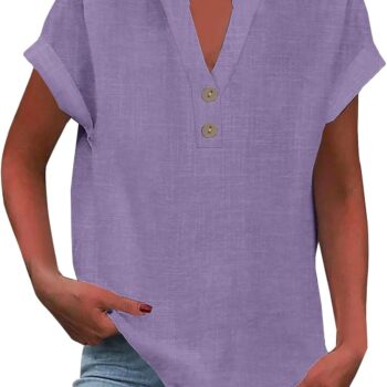 Summer Tops for Women 2026 Trendy Short Sleeve Cotton Linen Shirt Casual Button v Neck Tunic Blouses Outfits