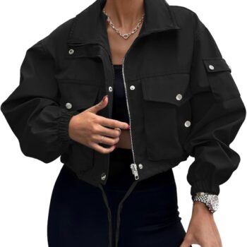 Women Cropped Bomber Jacket  Trendy Zip Up Lightweight Utility Anorak Coat With Pockets