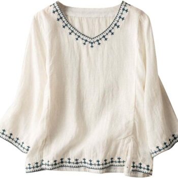 Cotton Linen Tops for Women Summer Casual 3/4 Sleeve T Shirts Lightweight Ethnic Style Embroidery Blouses Tees