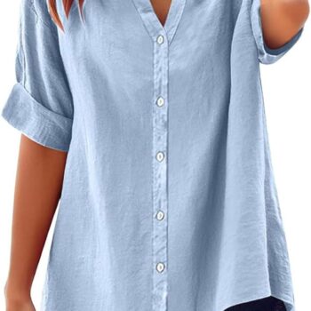 Linen Shirts for Women 2026 Summer Button Down Shirts Short Sleeve Collared V Neck Casual Blouses Work Office Tshirts