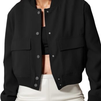 Women Spring Varsity Bomber Jackets Long Sleeve Cropped Button Down Casual Coat with Pockets Outwear