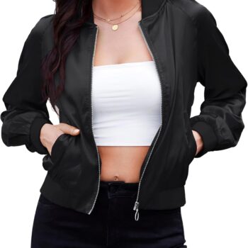 Bomber Jacket Women  - Lightweight Cropped Jacket Zip Up Casual Striped Women Jackets Trendy Outerwear with Pockets