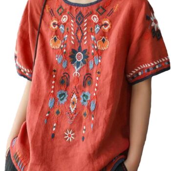 Women's Cotton Linen Tops Embroidered Short Sleeve Peasant Boho Mexican Tunic Top Festival Casual Loose T Shirt