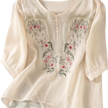 Floral Embroidered Tops Cotton Linen Shirts Boho Ethnic Style Peasant Tee Women 3/4 Sleeve V Neck Button Tunic Tshirt