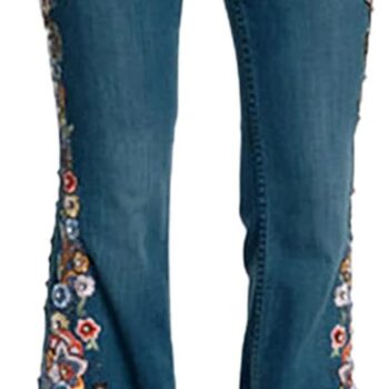 Women Embroidery Bell Bottom Jeans Slim Washed Floral Graphic Blue Jean Casual High Waist Pants