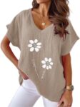 Womens Summer Cotton Linen Sunflower Floral Tops Loose Fit Summer Casual V Neck Short Sleeve Tshirts Tees