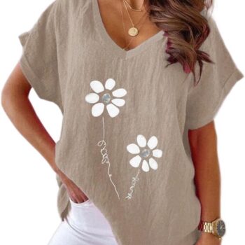 Womens Summer Cotton Linen Sunflower Floral Tops Loose Fit Summer Casual V Neck Short Sleeve Tshirts Tees