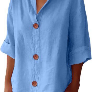Cotton Linen Shirts for Women Gauze Boho Button Down 3/4 Sleeve Blouses Summer Tops Loose Fit Beach Vacation Outfits