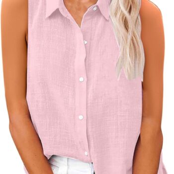 Women's Cotton Linen Shirts Sleeveless Collared Tops Oversized Button Up Blouses Work Shirts Casual Summer Tshirt