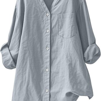 Linen Button Down Shirt for Women Cotton Long Sleeve Dressy Casual Blouses V Neck Plus Size Tops Loose Fit Clothes