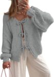 Women Tie Front Bow Cardigan Sweaters Chunky Knit Long Puff Sleeve Trendy Fall Winter Jacket Coats