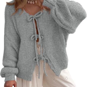 Women Tie Front Bow Cardigan Sweaters Chunky Knit Long Puff Sleeve Trendy Fall Winter Jacket Coats