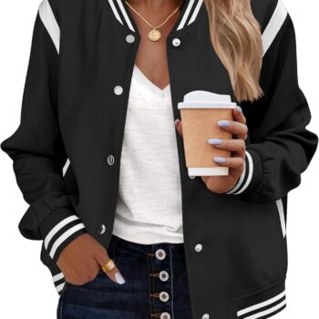 Bomber Jacket Women Varsity Casual Button Down Lightweight  Fall Fashion Short School Outfits with Pockets