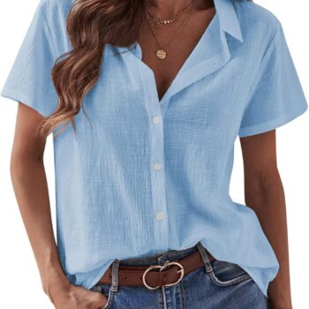 Short Sleeve Shirts for Women - Button Down Business Casual Tops Summer Cotton Linen Blouses Breathable V Neck T Shirt