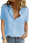 Womens Button Down Shirts Cotton Summer Tops V Neck Short Sleeve Shirt Collar Blouse Casual Plain Tshirt Work Tops