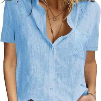 Womens Button Down Shirts Cotton Summer Tops V Neck Short Sleeve Shirt Collar Blouse Casual Plain Tshirt Work Tops
