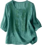 Embroidered Cotton Linen Tops for Women 3/4 Sleeve Summer Boho Peasant Blouses Dressy Casual Bohemian Tunic Shirts