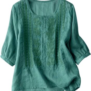 Embroidered Cotton Linen Tops for Women 3/4 Sleeve Summer Boho Peasant Blouses Dressy Casual Bohemian Tunic Shirts