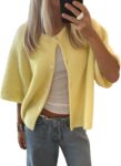 Women  Knitted Crop Cardigan Short Sleeve Button Up Rib Knit Solid Color Cute Sweater Shirt