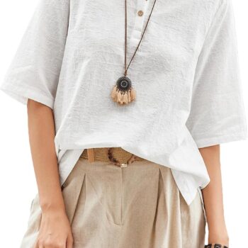 Linen Tops for Women 3/4 Sleeve Crew Neck Cotton Shirts Casual Jacquard Boho Blouse