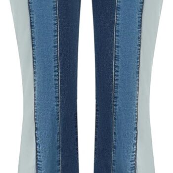 Women Patchwork Flare Jeans Stretch High Waisted Bell Bottom Raw Hem Denim Pants