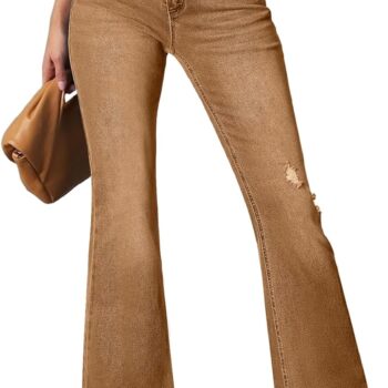 Women's Bell Bottom Flare Jeans High Waisted Stretchy Ripped Distressed Raw Hem Denim Pants with Pockets