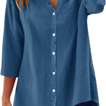 Womens 3/4 Sleeve Button Down Shirts Cotton Linen Roll Up Short Sleeve Tops V Neck Casual Loose Fit Blouses