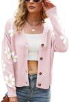 Women Ribbed Knit Cardigans Slouchy Cute Smile Graphic Pretty Daisy Button-up Jacquard Knitted Sweater Coat