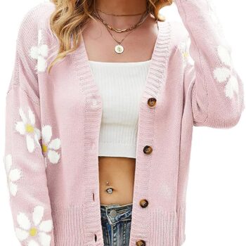 Women Ribbed Knit Cardigans Slouchy Cute Smile Graphic Pretty Daisy Button-up Jacquard Knitted Sweater Coat